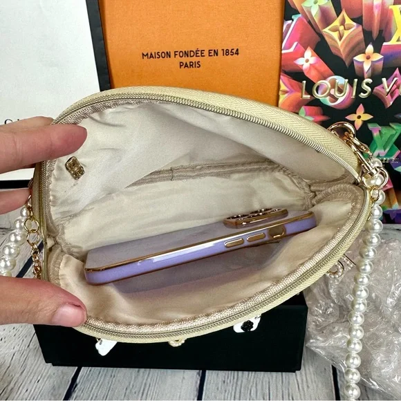 CHANEL gold metallic Crossbody pouch with bag charm and pearl chain - Picture 14 of 16